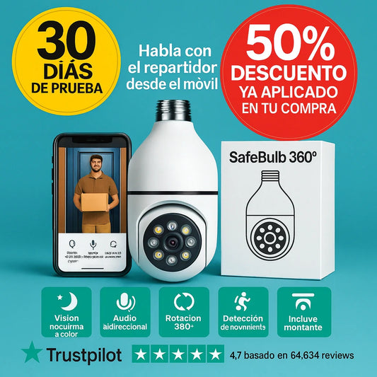 SafeBulb 360™ – El primer portero discreto con cámara HD y audio bidireccional desde tu móvil este donde estes. Sin obras. Sin mensualidades. (Camara nocturna, soporte techo incluido y sensores de aviso a tu móvil) + Envío GRATIS